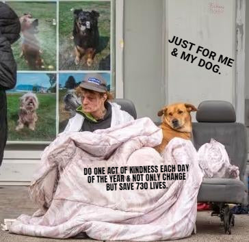 Homeless person with dog on a couch on the streets in the cold