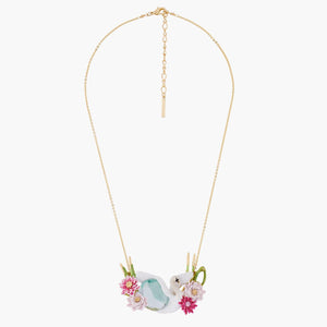 Les Néréides Enchanted Encounter Rabbit on Pink Flower Pendant Necklace Multicolor