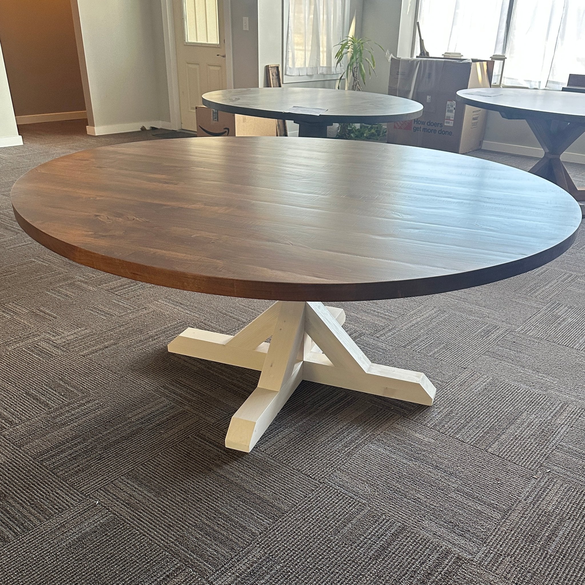 Handcrafted 72" Round Knotty Alder Dining Table – Rustic Saw Marks & Special Walnut Finish – Ready to Ship