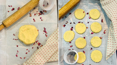 Using a cookie cutter, cut the dough into cookie shapes and place it on the parchment paper