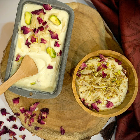 Thandai Ice cream topped with almonds, pistas and edible rose petals.