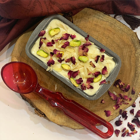 Thandai Ice cream topped with almonds, pistas and edible rose petals