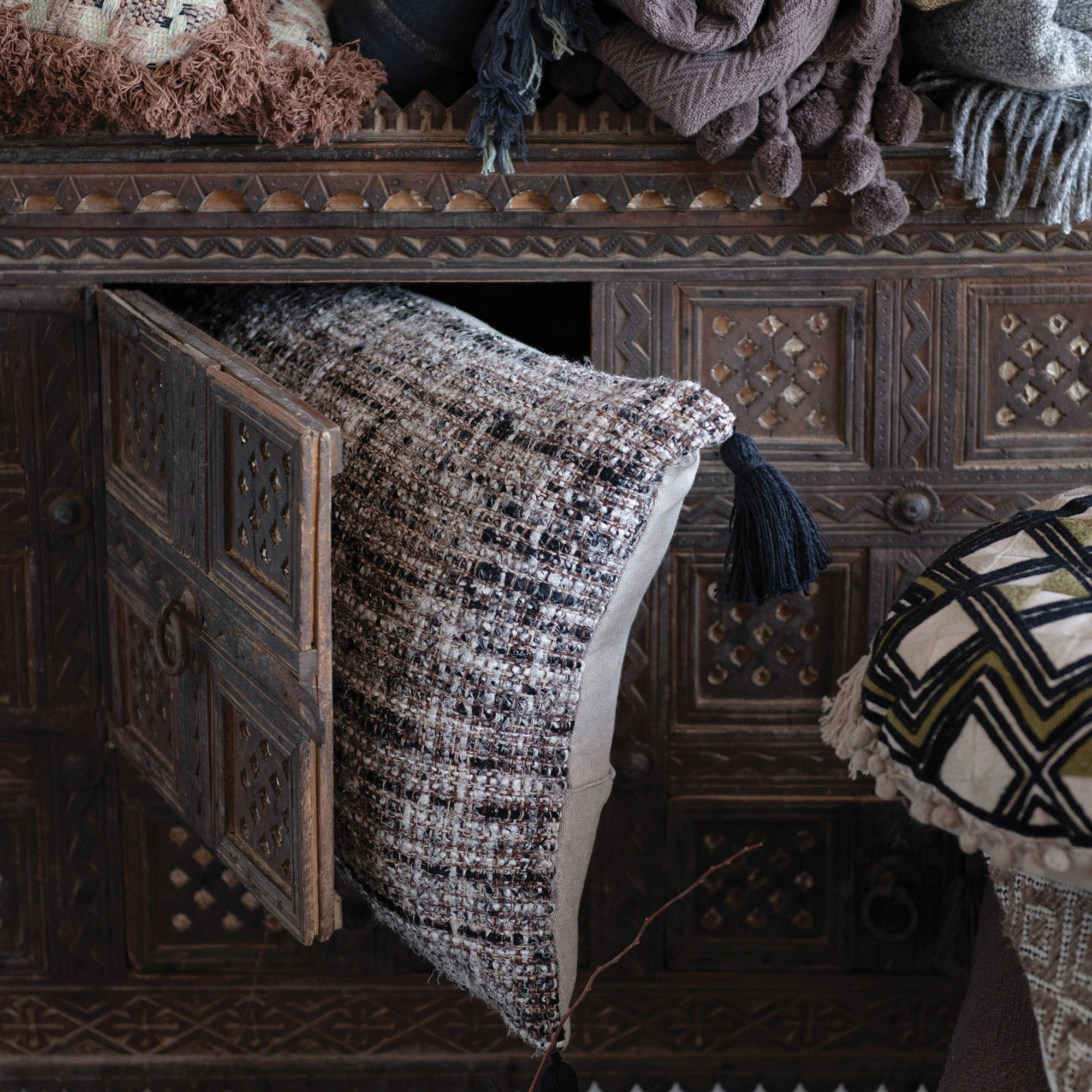 Woven Boucle Lumbar Pillow with Tassels