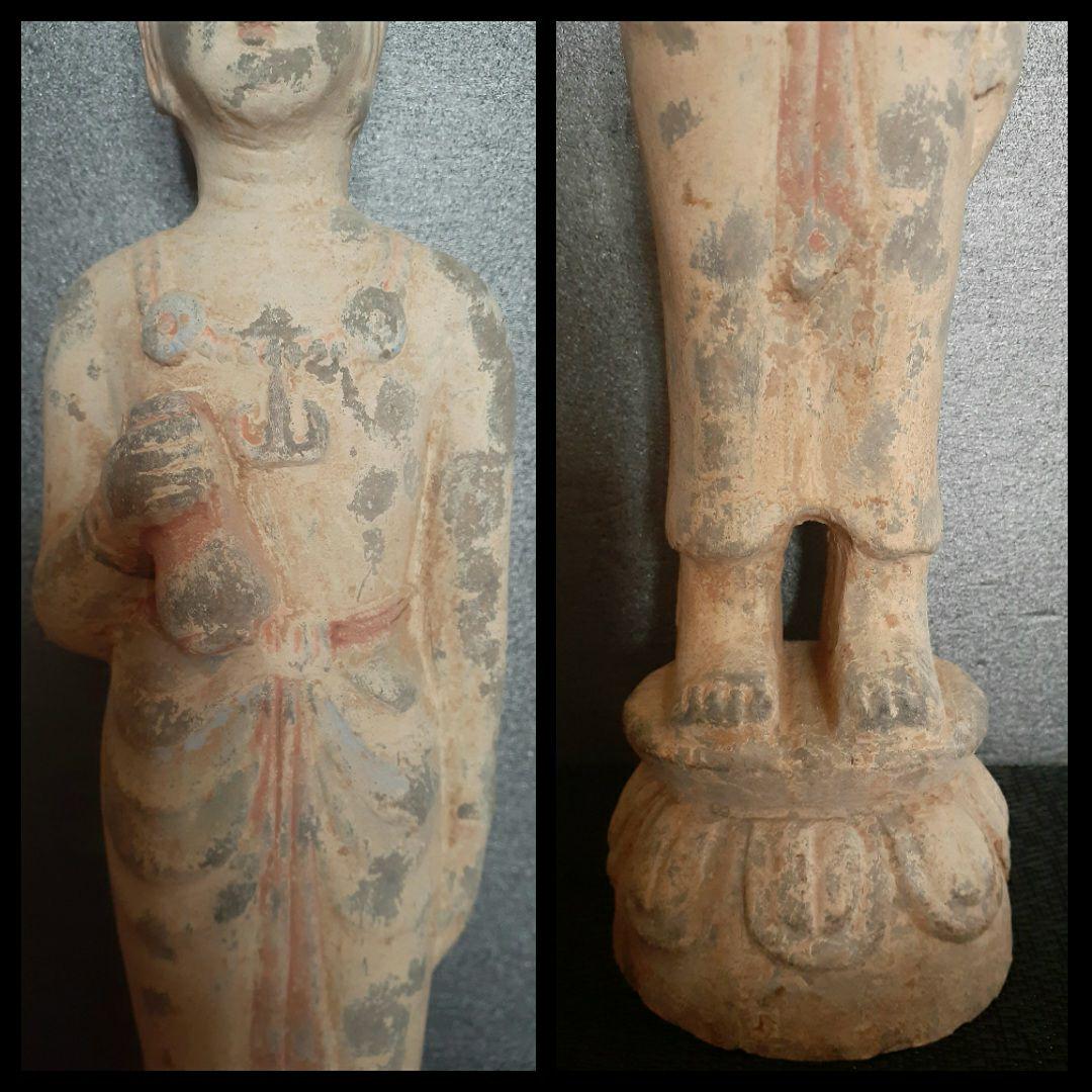【時代仏像】中国仏教美術 古陶磁器 唐 遼時代 発掘伝世 観音菩薩 立像 俑