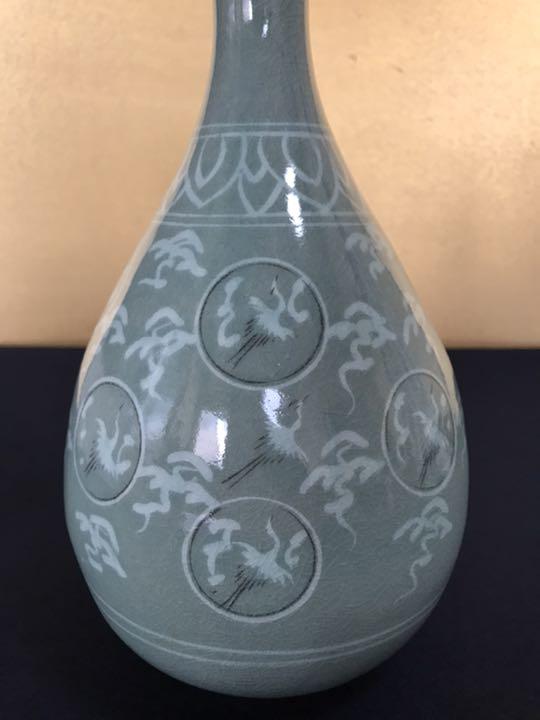 高麗青磁 芸林陶芸 鶴首 花瓶 花器 花入 飾壺 陶器 作家物 在銘 陶印