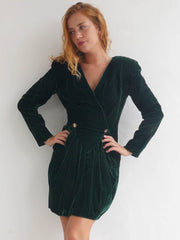 Crushed Velvet Vintage Mini Dress in Dark Green