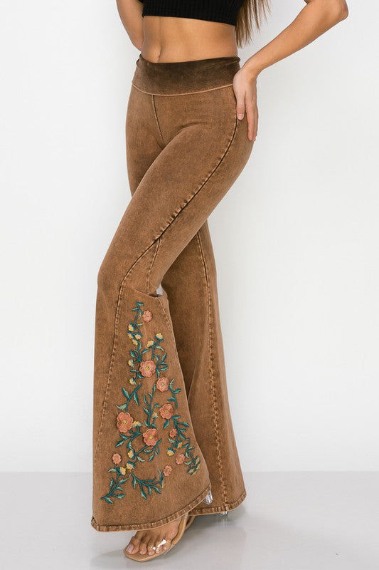 Flower Power Brown Suede Flare Pants - Cider