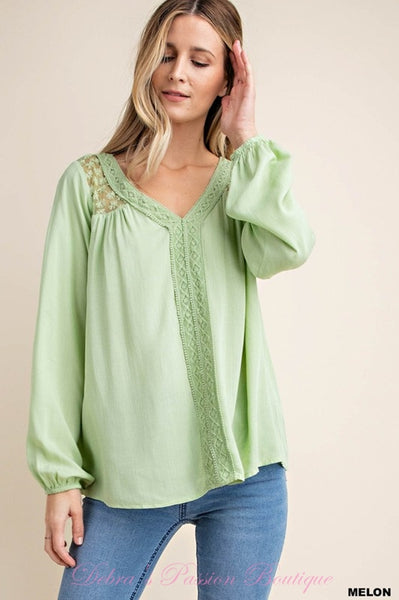 Kori Lace Yoke Blouse - Coral or Melon – Debra's Passion Boutique