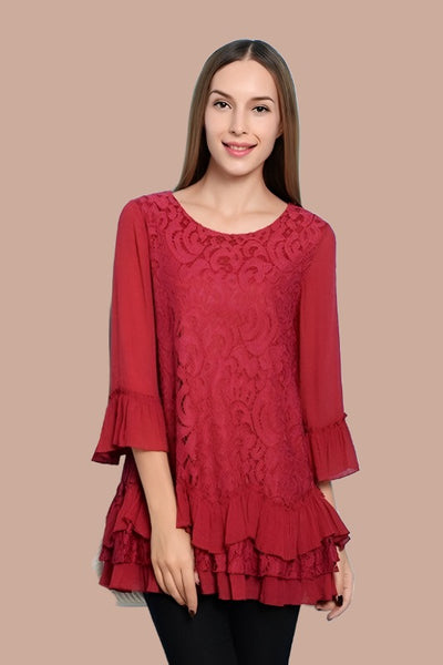 Paisley Vine Lace Tunic Ruffles Top - Crimson – Debra's Passion Boutique