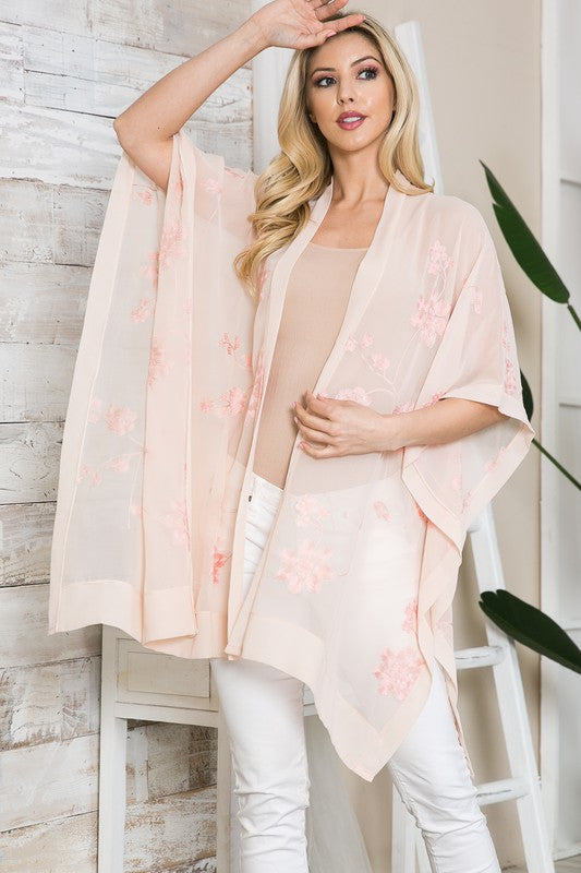 Image of Justin & Taylor Sheer Floral Embroidered Kimono - Blush