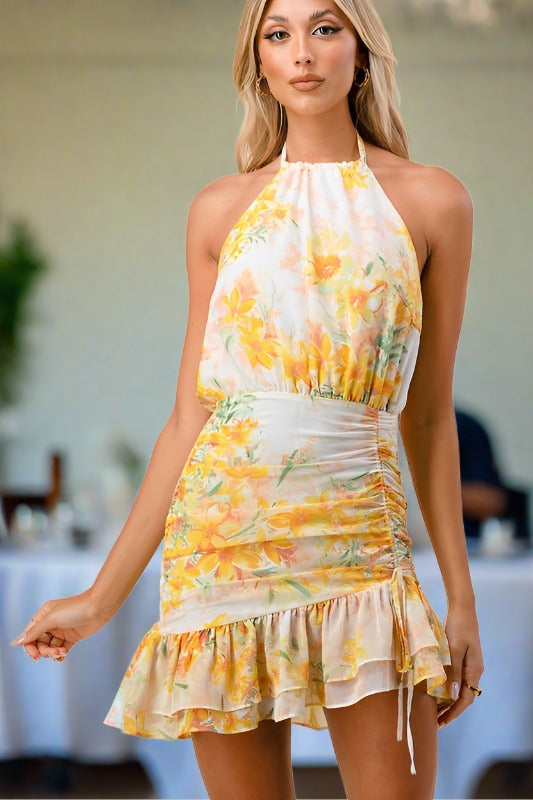Image of Ruched Smocked Halter Floral Ruffle Hem Mini Dress - Ivory Yellow