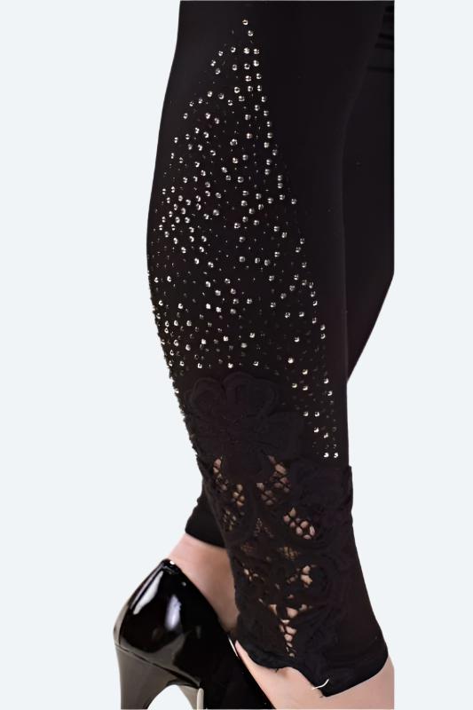 New VOCAL Womens PLUS SIZE CRYSTAL CROCHETED LACE BLACK LEGGINGS