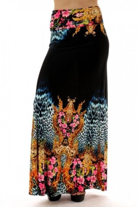 Image of Uptown Floral Animal Print Black Maxi Skirt