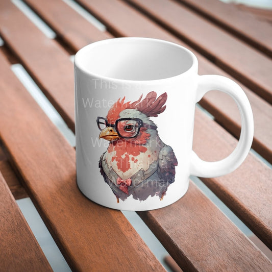 Funky chicken with glasses on a mug