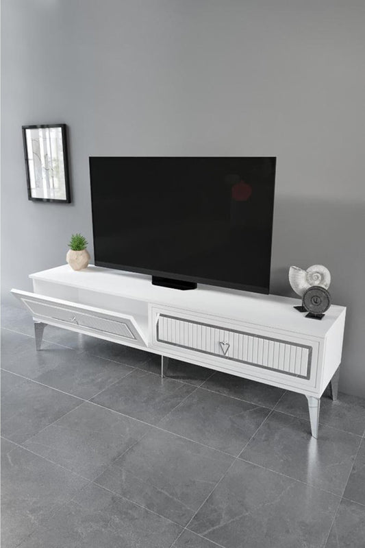 Mueble TV moderno blanco y madera 140x40x56cm