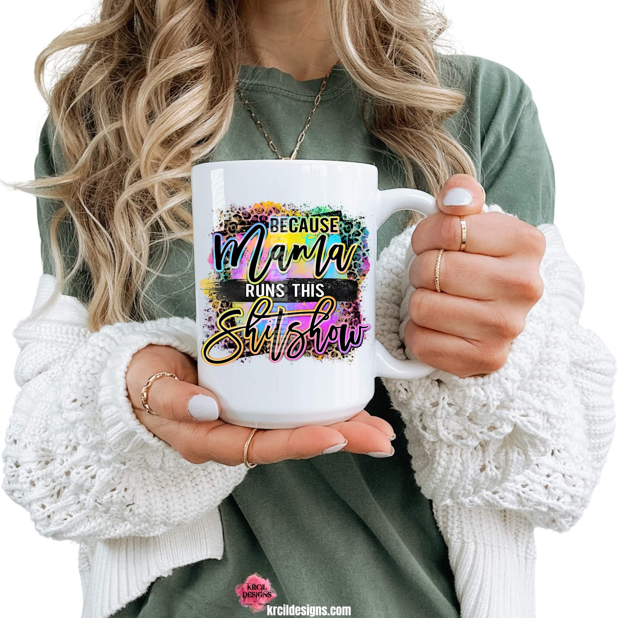 Introducing our Because Mama Runs This Shitshow Funny Coffee Mugs by Krcil Designs | Give a hilarious gift! For the ultimate coffee lover's gift, pair mug with our dish towels and dish cloths sets—it's the whipped cream and sprinkles on top of your brew! Than sit back and relax—you just became the best gift-giver! After all, life's too short for boring mugs—it's way better with a little sass in your cup! Shop Funny Coffee Mugs at KrcilDesigns.com