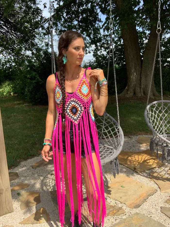 Pink Hippie Crochet Fringe Duster – Cierra Lauren
