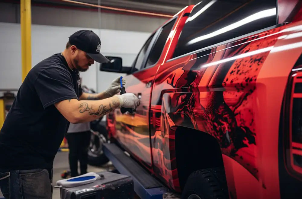 man wrapping a truck