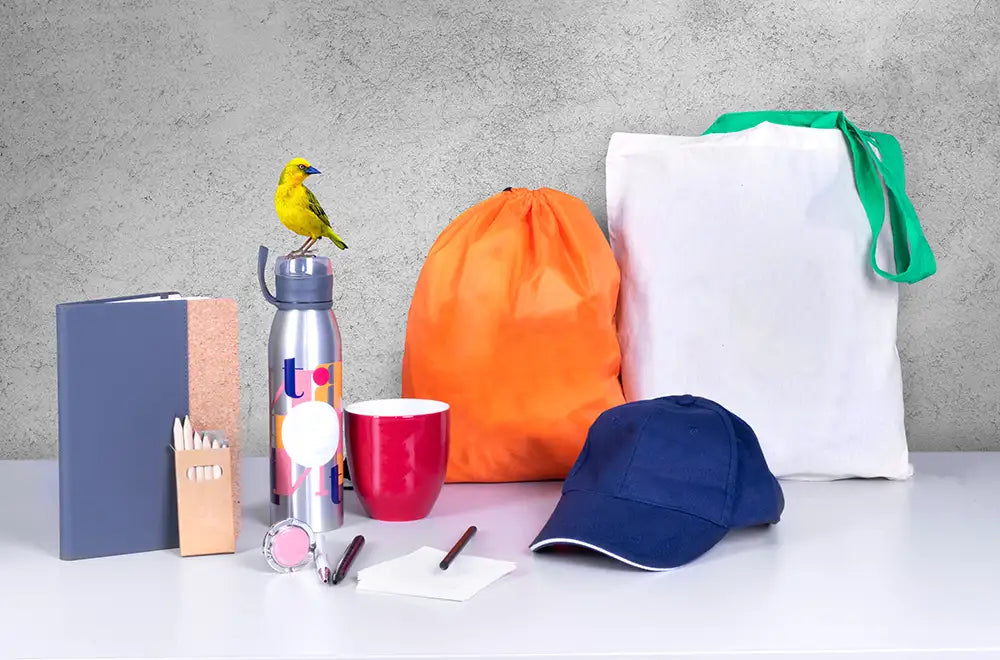 collection of promotional products including hats and bags