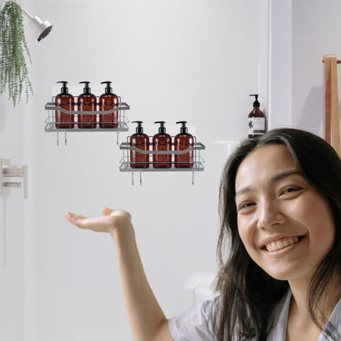 woman happy with adhesive stainless steel shower caddies in shower