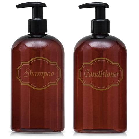 amber refillable shampoo, conditioner bottles white background