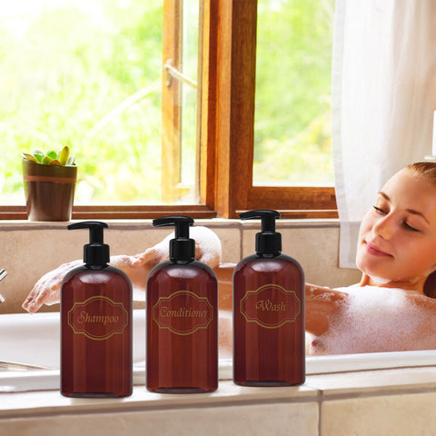 woman in tub w refillable shampoo, conditioner, wash bottles on tub edge