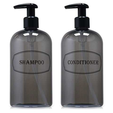 gray refillable shampoo, conditioner bottles white background