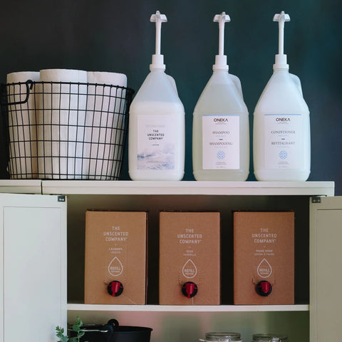 laundry room refill station for liquid soaps at home