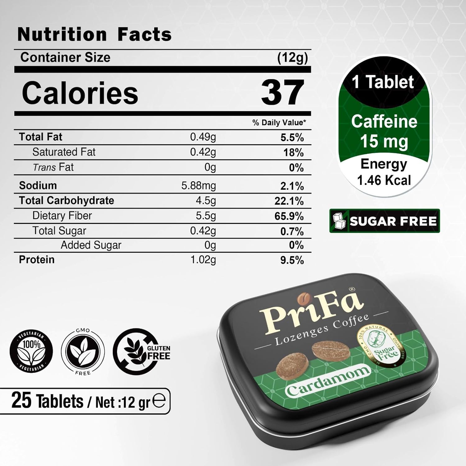 Nutrition facts label and packaging for PriFa Cardamom coffee lozenges, highlighting caffeine content and dietary information.