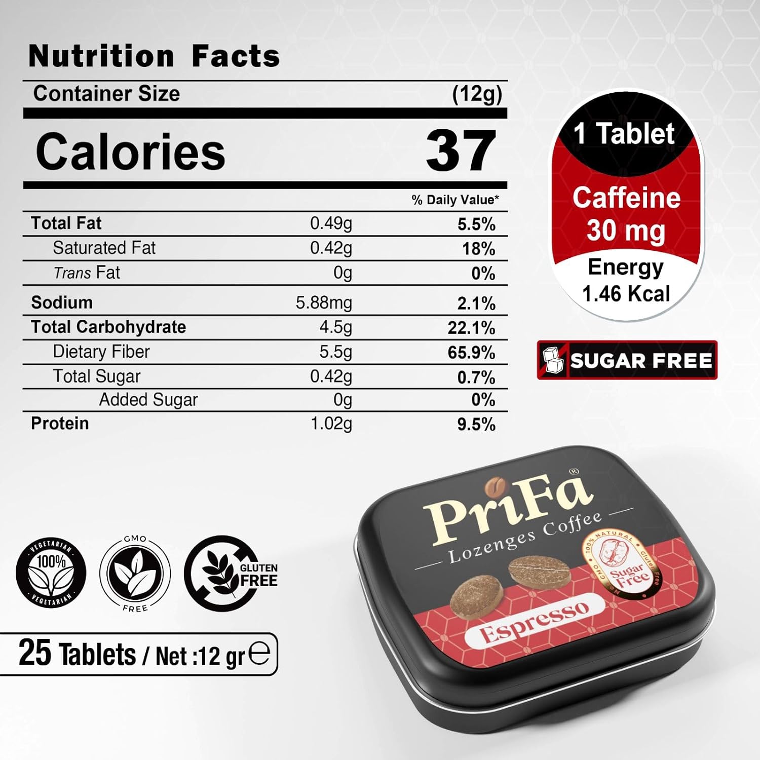 Nutrition facts label and a tin of PriFa coffee lozenges indicating 30 mg caffeine per tablet, sugar-free.