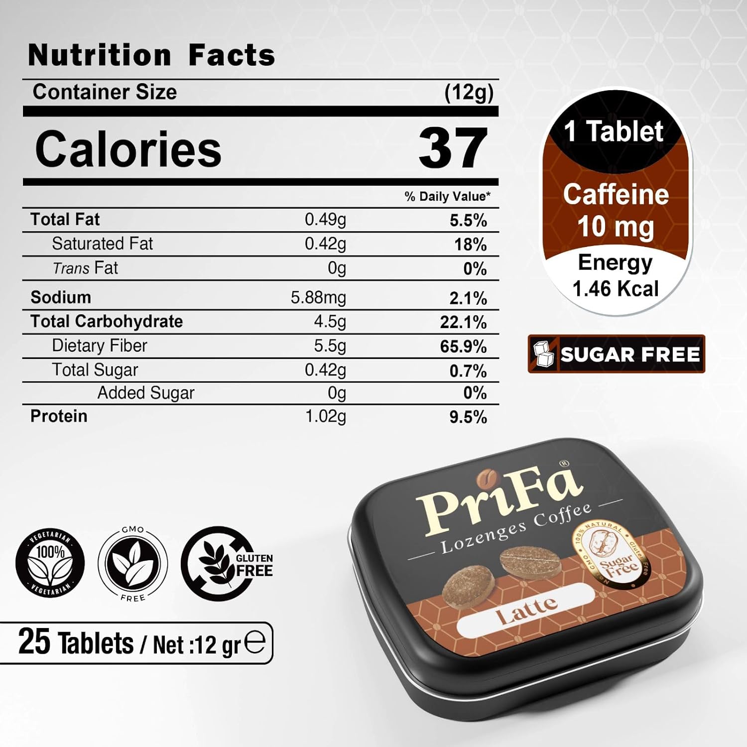 Nutrition facts label and a container of PriFa coffee lozenges, highlighting calories, caffeine content, and sugar-free claim.