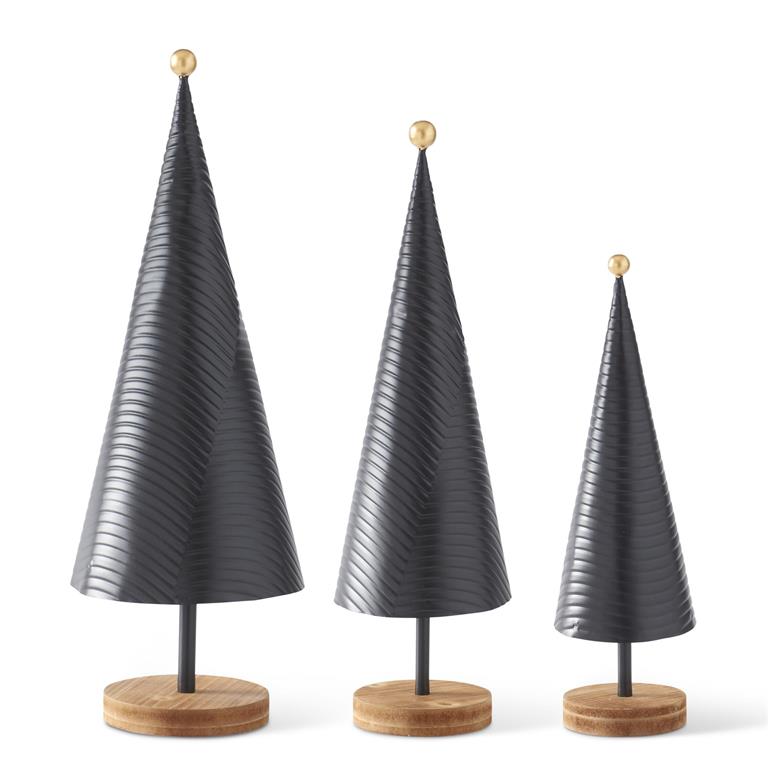 Design Shop Set of 3 Black Metal Trees on Wood Base w/Gold Ball Topper