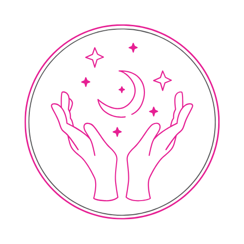 Illustration of a pink hand surrounding a moon and stars