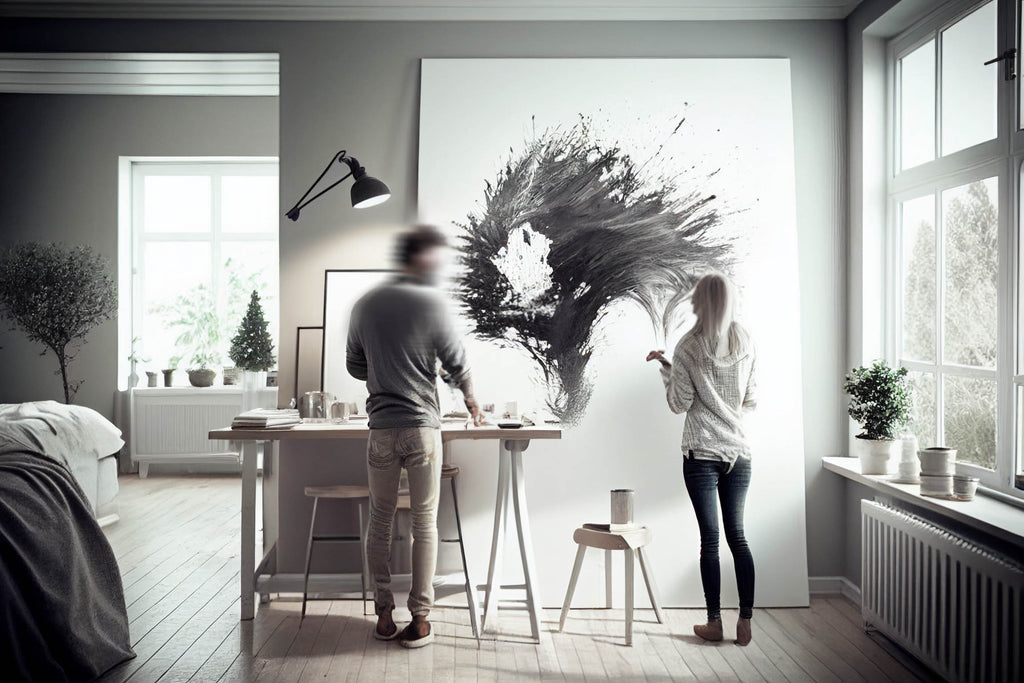 Ungt par som målar en abstrakt motiv på stor kanvas.