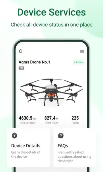 SmartFarm device services showcased in a farm management system using drone technology.