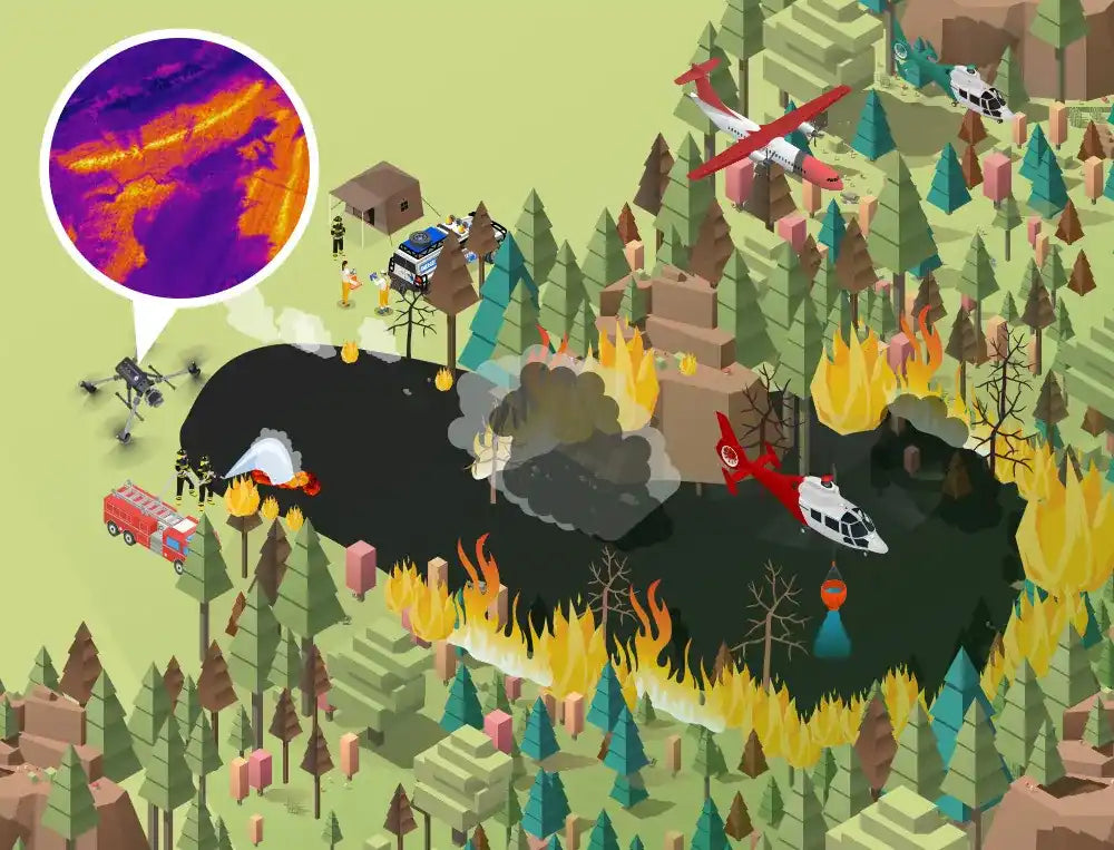 A detailed illustration showing drones, helicopters, and firefighters responding to a forest wildfire with thermal imaging and firefighting