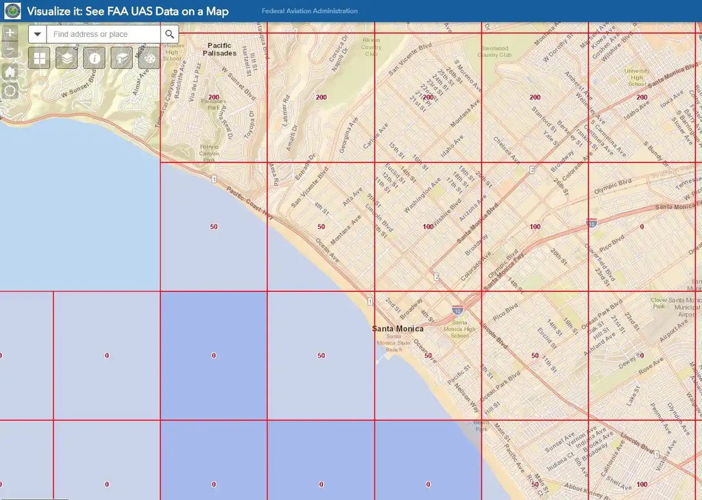 FAA UAS data map grid showing drone flight restrictions over Pacific Palisades and Santa Monica.