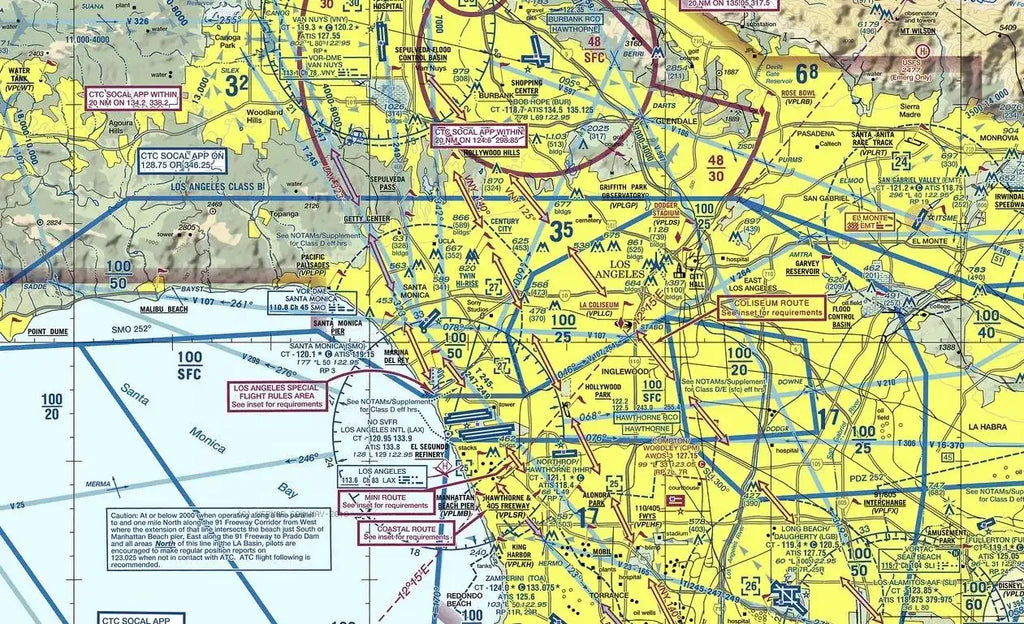 Los Angeles sectional chart showing controlled airspace and special flight routes for drones.