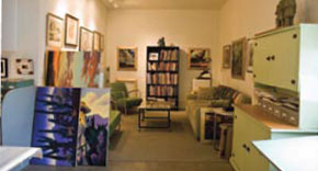 The sitting room includes drawings by Maynard Dixon and Thomas Hart Benton.