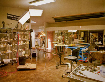 Coleman's working studio, with several clay prototypes and Glory Days, far right.