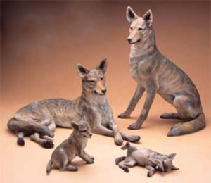Star Liana York, Coyote Family, Back and left to right: Male 18" x 30" x 17", Female 28" x 21" x 17"  Front Left to right: Pup 11" x 10.5" x 6.5", Pup 5.5" x 12" x 8" 