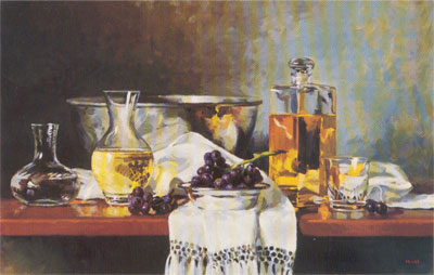 Gregory Hull, Decanters and Grapes, 1990, oil, 24 x 36, Private Collection