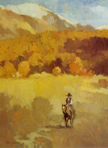 Francis Livingston, Lone Rider, oil, 12"x9"