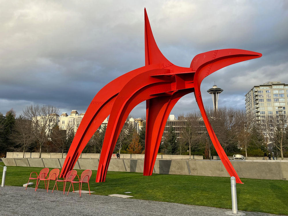 Alexander Calder's 'The Eagle' sculpture with Space Needle in background.