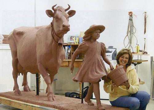 Veryl Goodnight with Blue Bell Cow and Girl, Clay version of Bronze sculpture, 5.5