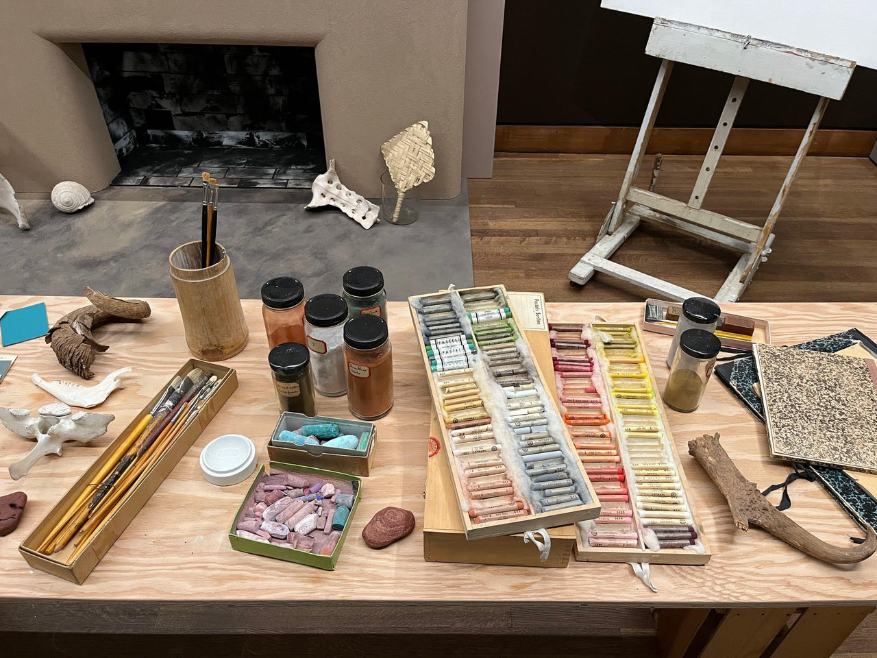 Closeup of Installation view of Georgia O'Keeffe's recreated studio as part of 'O'Keeffe and Moore' exhibition at Montreal Museum of Fine Arts. Photo by Chadd Scott.