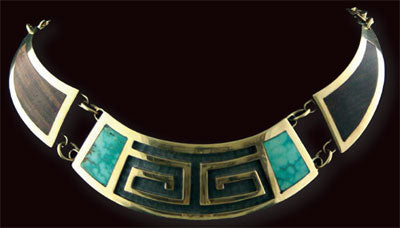 Hopi Golden Overlay Choker with Turquoise and Coco Bolo Wood by Phillip Sekaquaptewa, c. 1970