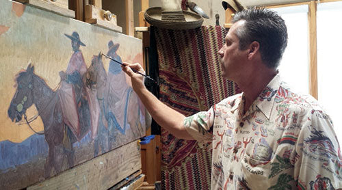 John Moyers developing his latest painting, titled Cochineal and Indigo, in his Santa Fe studio.