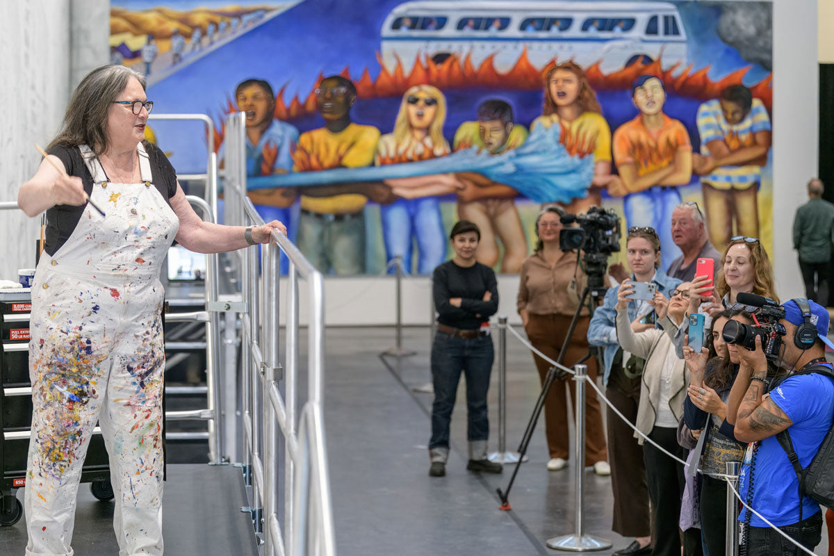 Judy Baca talks to the media on October 26, 2023, at a preview for her 'Painting in the River of Angels' exhibition at the Los Angeles County Museum of Art. Courtesy Los Angeles County Museum of Art