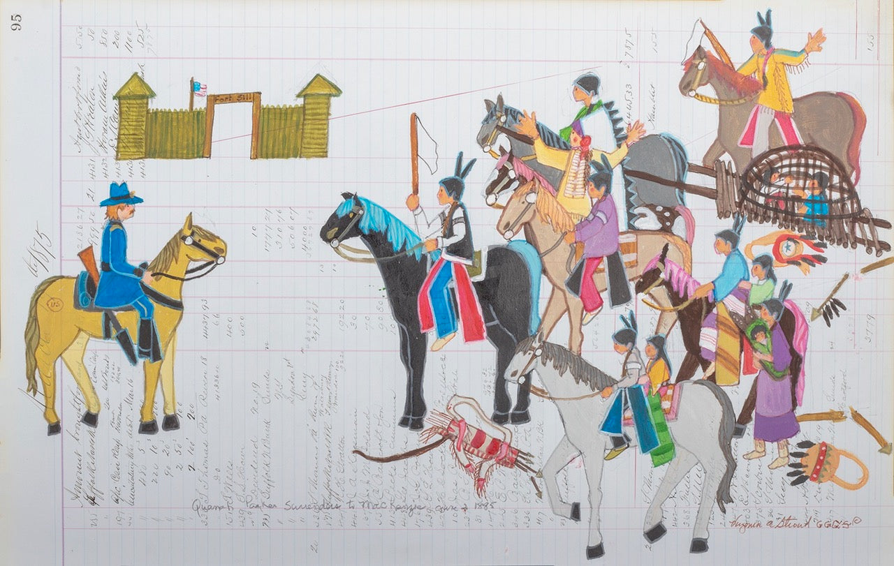 Kiowa Dog Soldiers, by Virginia Stroud, Cherokee-Muscogee, acrylic on ledger paper. Mary Ann and Ken Fergeson